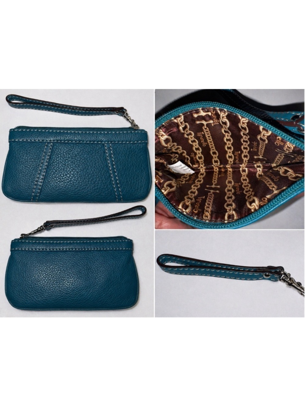 Tignanello Teal Pebbled Leather Wristlet Chain Print Lining